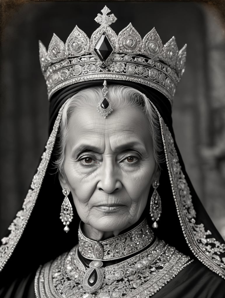 vintage Daguerreotype photo, black and white, ultra-detailed 100 years old woman with arabic hibab, black cloak and gold crown in the ottoman throne kingdom, ethnic jewelry, narow depth of field, detailed wrinkled face, apocalyptic environment, natural body posture, captured with antique big format camera, 64k, ultra-detailed, ultra-accurate detailed, scratched