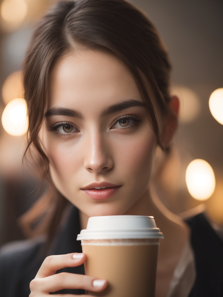 Girl drinking iced coffee, with undereye cream on her right side of her face, close-up editorial style