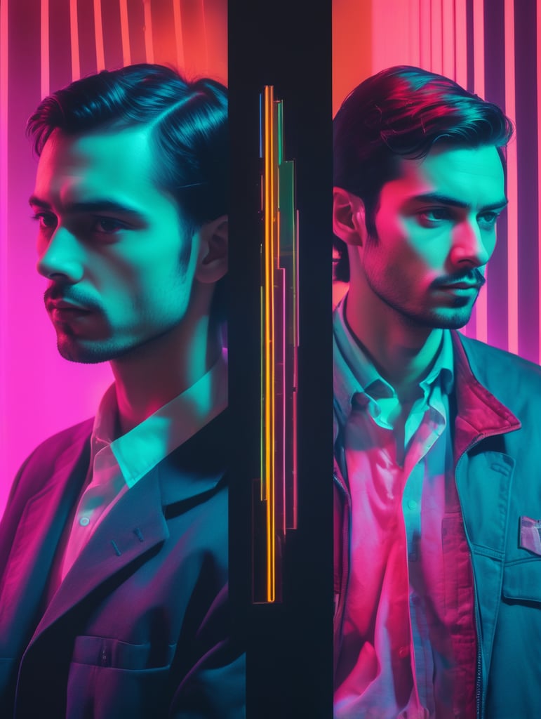 Shifting spectra, mixed multimedia portrait photography in retro-glitch art style, distorted graphics, spectacular neon lighting, additional contrast, cinematic risograph on three panels