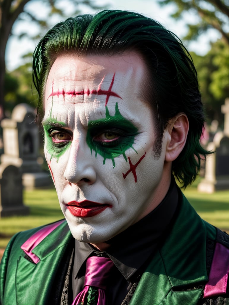 Marilyn Manson in a joker costume for Halloween, scary makeup on his face, dark atmosphere, vintage style, green and pink colors, highly detailed photo, professional photo, against the backdrop of an old creepy cemetery, contrasting light, bright colors