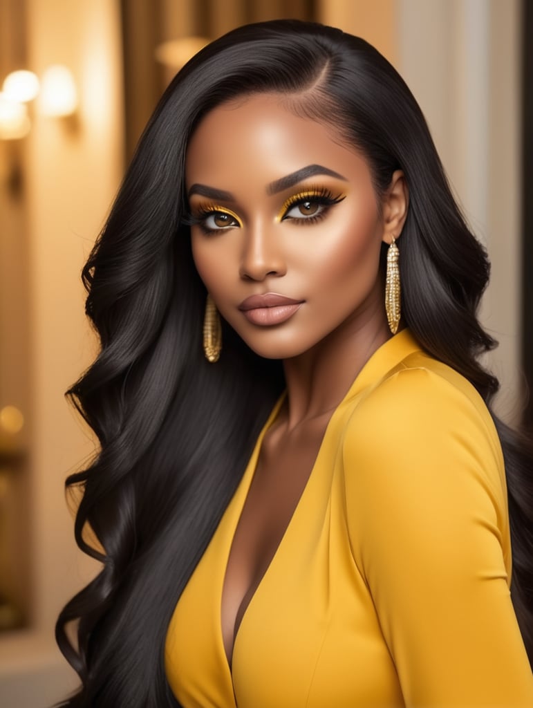 There stunning glamorous images of a brown skinned woman black beauty with long extensions, side-parted Straight blond hair black roots and false lashes. Her lips are full and beautifully enhanced with fillers, and she is dressed in vibrant yellow , from her outfit to her background. The overall atmosphere of the photo is glamorous and bold, with a touch of elegance and a focus on the woman's striking features different poses.