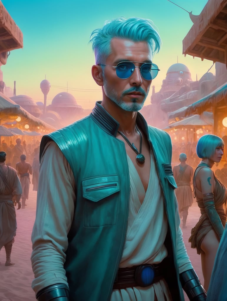 A cyan haired man on vacation enjoying the local party scene at dawn in Mos Eisley on the planet Tatooine in Star Wars , a look of terror scared horrified , futuristic Neon cyberpunk synthwave cybernetic Robert Hagan and by Naoko Takeuchi