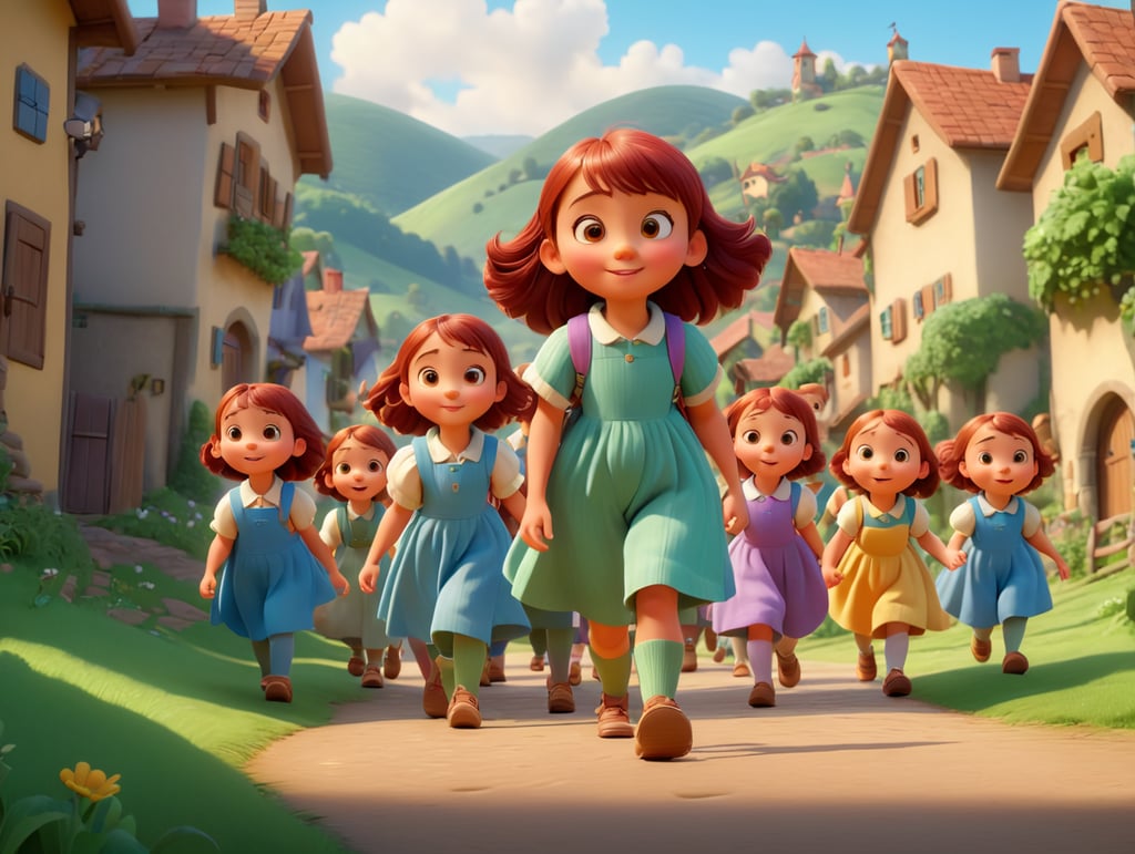 “Show the young protagonist, Mia, approaching the group of children, walking in a picturesque village nestled between rolling hills and lush forests, animated Pixar style, high-quality image, illustration, 4k, 3D”