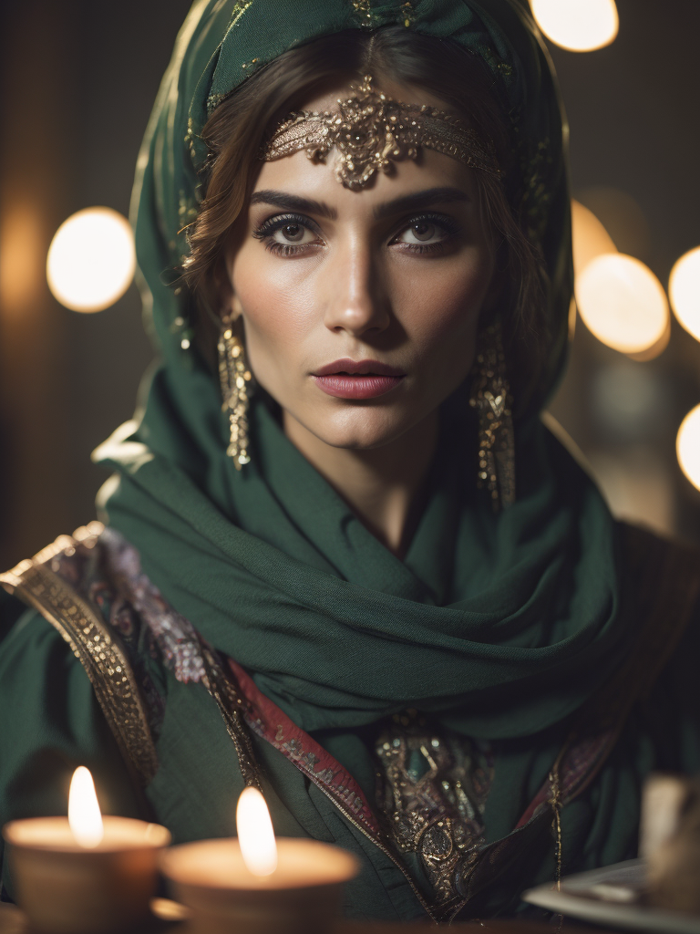 Portrait of a traditional gypsy woman wearing traditional costume with a green scarf on her head, in front of a table with a deck of cards and candles. Bright, saturated colors, elegant, highly detailed, fashion, fashion magazine, sharp focus, bright expressive makeup, dramatic lighting, shallow depth of field, incredibly high detailed blurred background, professional digital painting, concept art