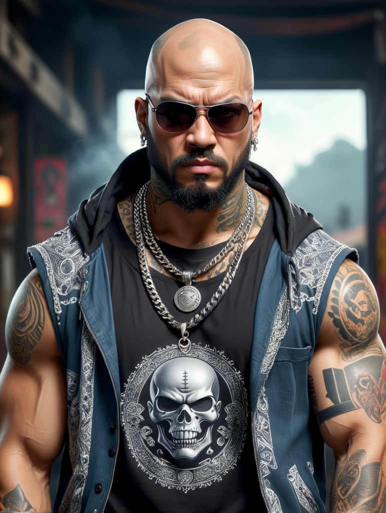 Simple logo art of a tattooed, angry and furious bald strongman, box braids and cap, sunglasses, gang member, 90s gangsta, arms crossed, loose clothes, real bandana on his face and rock shirt, silver chain, ultra realistic and intricate details, true colors, 8k, uhd, comics, ghost vigilante style, a hooded ghetto behind the central image, rounded bandana background, bad boy style vaporwave