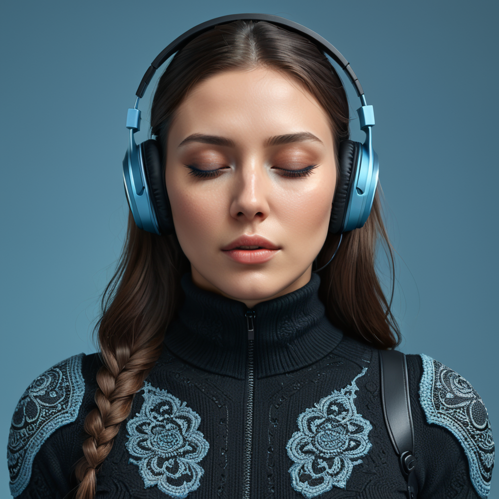 Woman with closed eyes. Wireless black headphones on. Front view. Black turtleneck sweater on. light blue background.