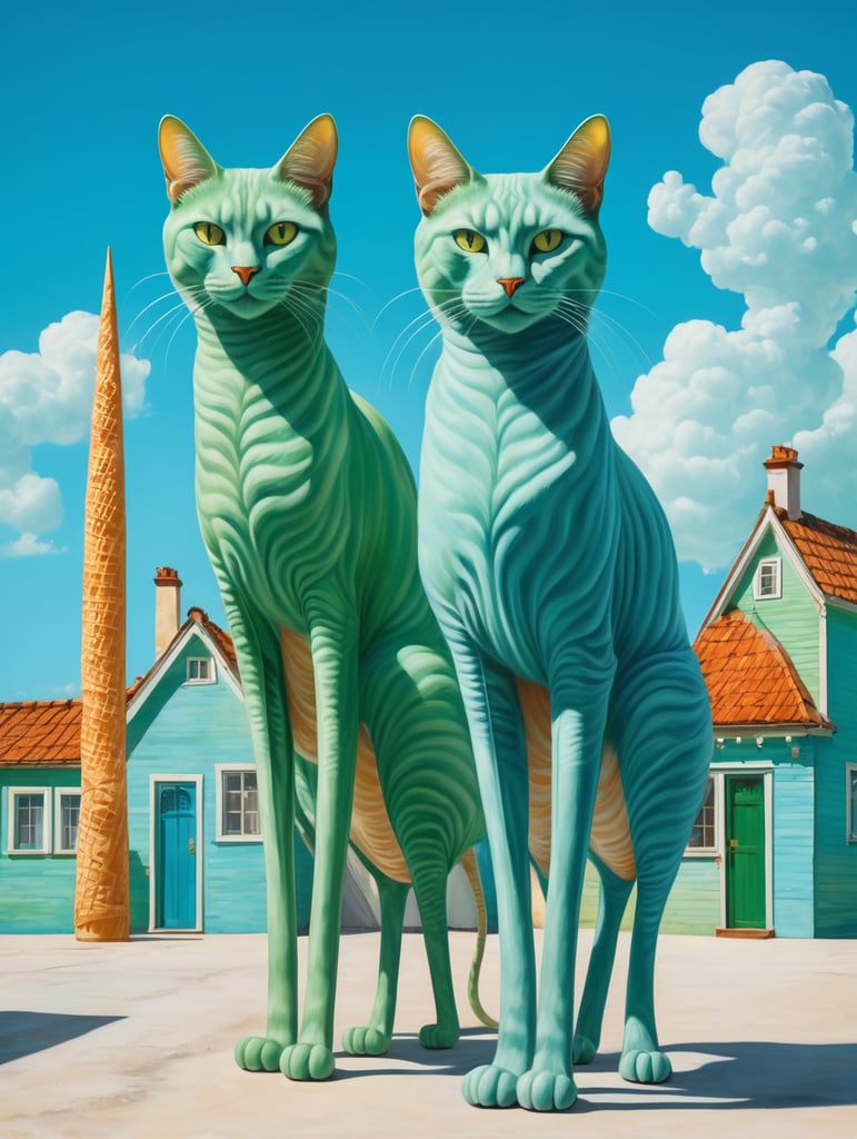 Green cats with very long thin legs. Houses the back of the cats and ice cream cones Painted in the style of Salvador Dali. Blue sky.