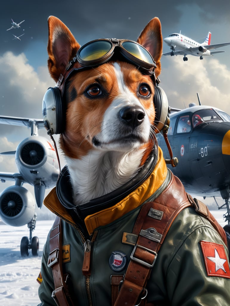 Photorealistic portrait of a jack russell dog in a pilot's outfit, realism, a plane in the background, snow