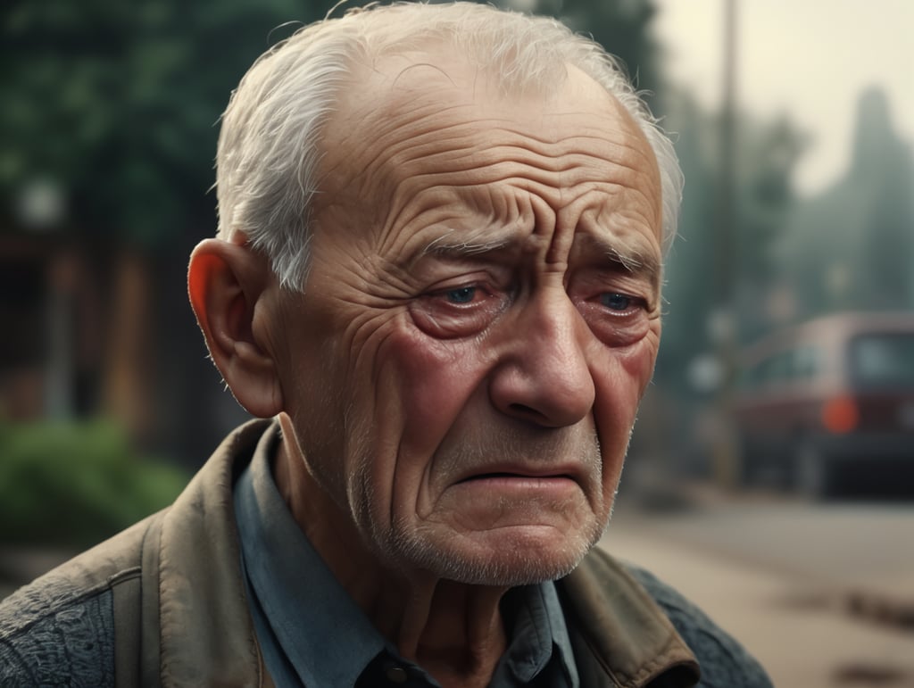 Portrait of an elderly crying man, high definition, photography, cinematic, detailed character portrait, detailed and intricate environment