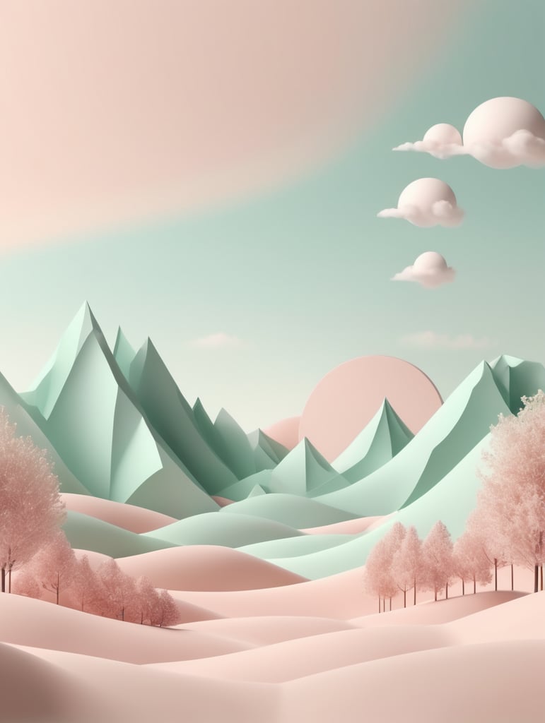 Abstract minimal advertise. dreamy landscape. 3D render copy space spring mockup, Cannon 5D, photorealistic, natural and pastel color, studio photography, studio lightening, HD, hyper realistic