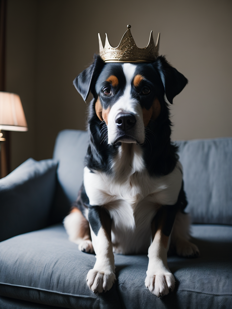 Dog wearing a crown sitting on a sofa