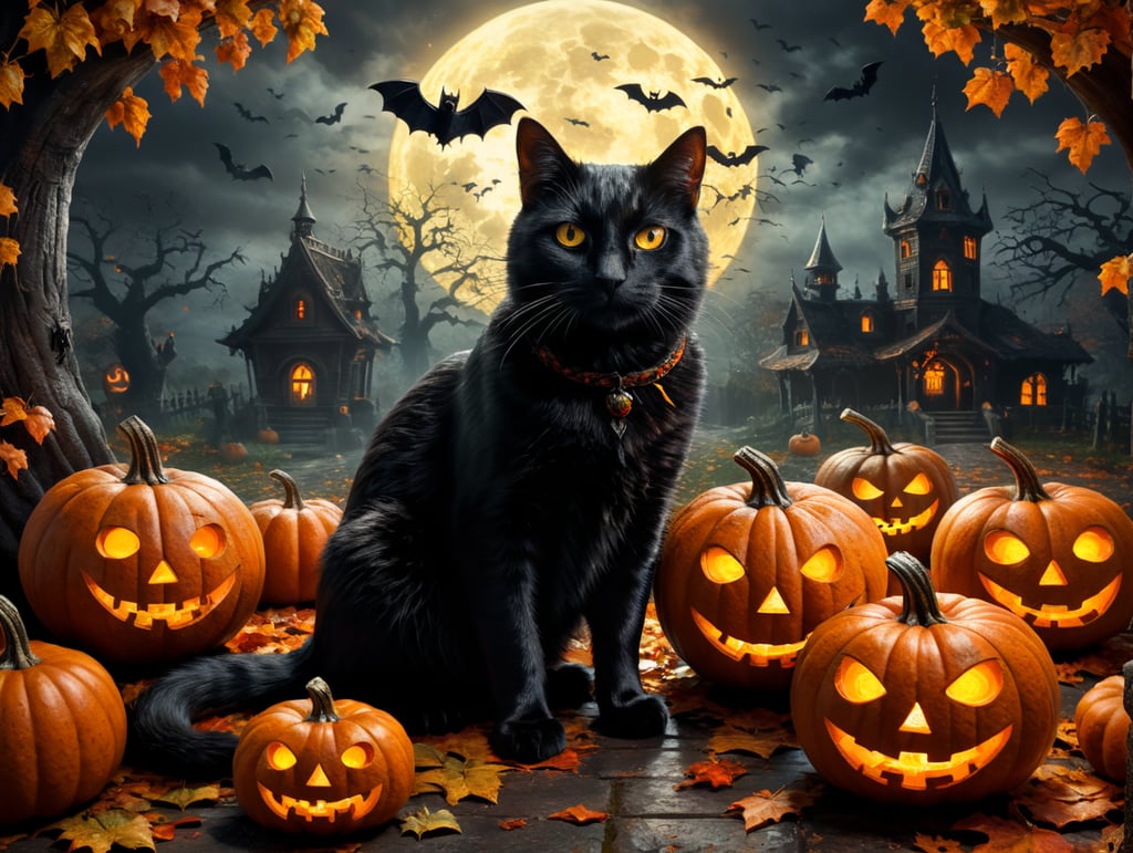 Halloween background with black cat and pumpkins. And leave some space in the middle.