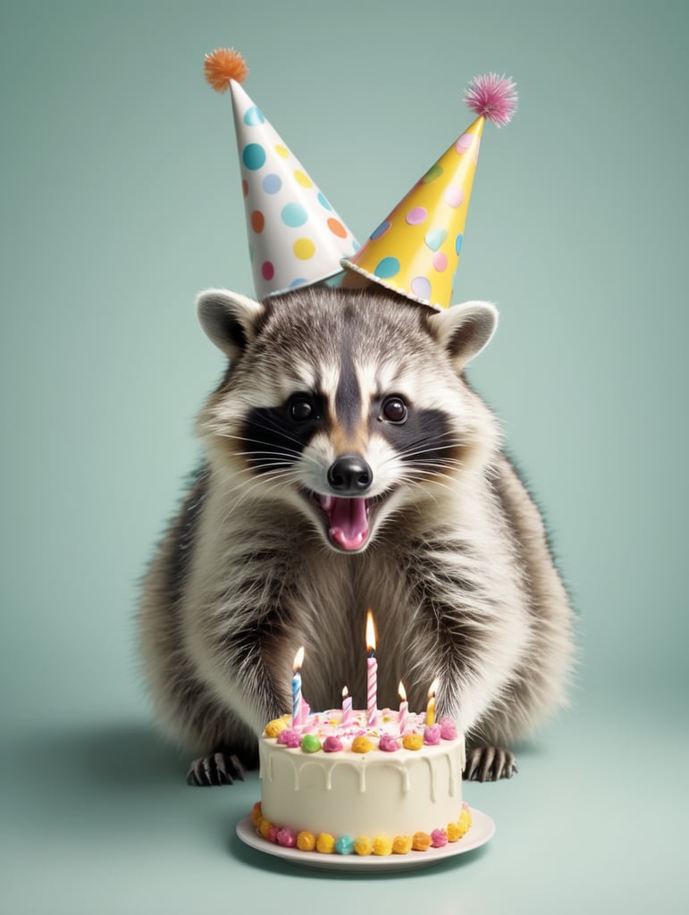 A racoon with a birthday cake and a party hat on its head, hyper realistic