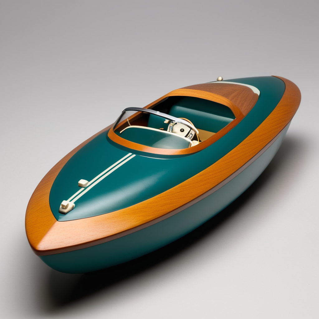 Toy chubby 1950s riva high speed racing boat designed by Dieter Rams. Simplistic minimalist post modernist product design. Oak top and injection molded plastic. Full object in view. Radio controlled