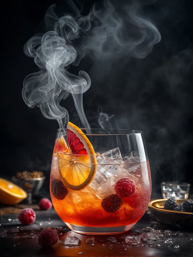 gin cocktail with a dried slice of fruit, smoke, professional food photography, depth of field,