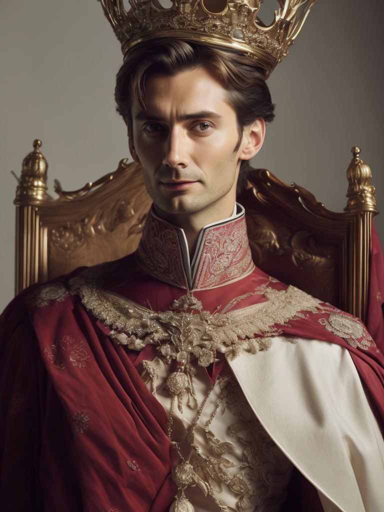 Oil portrait of miles edgeworth, intricate, elegant, highly detailed, lighting, painting, artstation, smooth, illustration, art by greg rutowski and alphonse mucha, david tennant king, david tennant with a crown sits on a throne, france, 1952 year