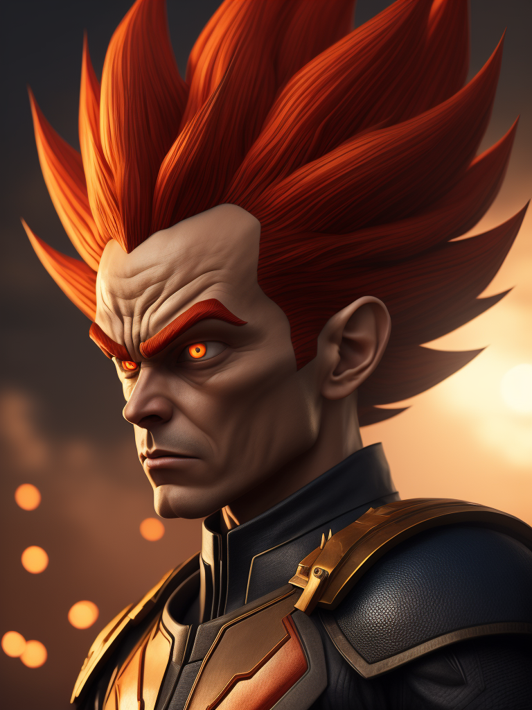 a red son from monkie kid, realistic, red hair, similar to Vegeta (Dragon Ball Z)