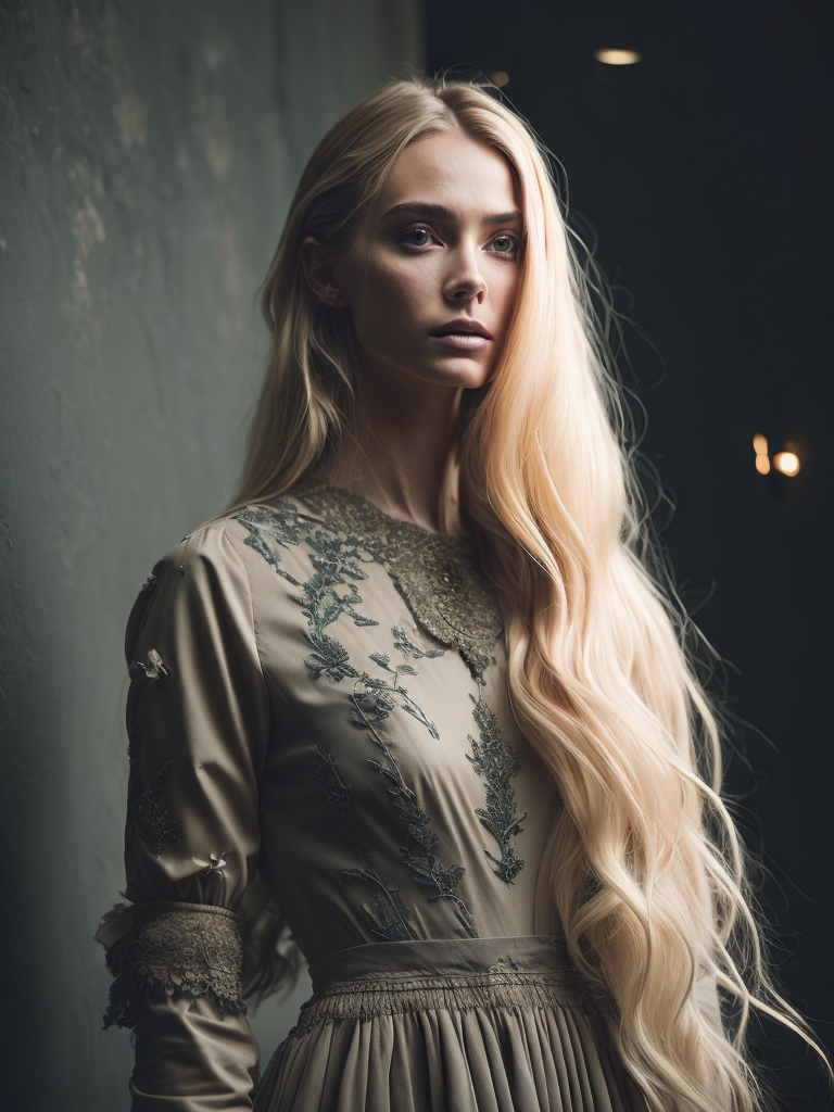 A beautiful woman model with long blonde hair. She is standing tall. She is dressed in a long light-colored dress adorned with various delicate and light-colored flowers.