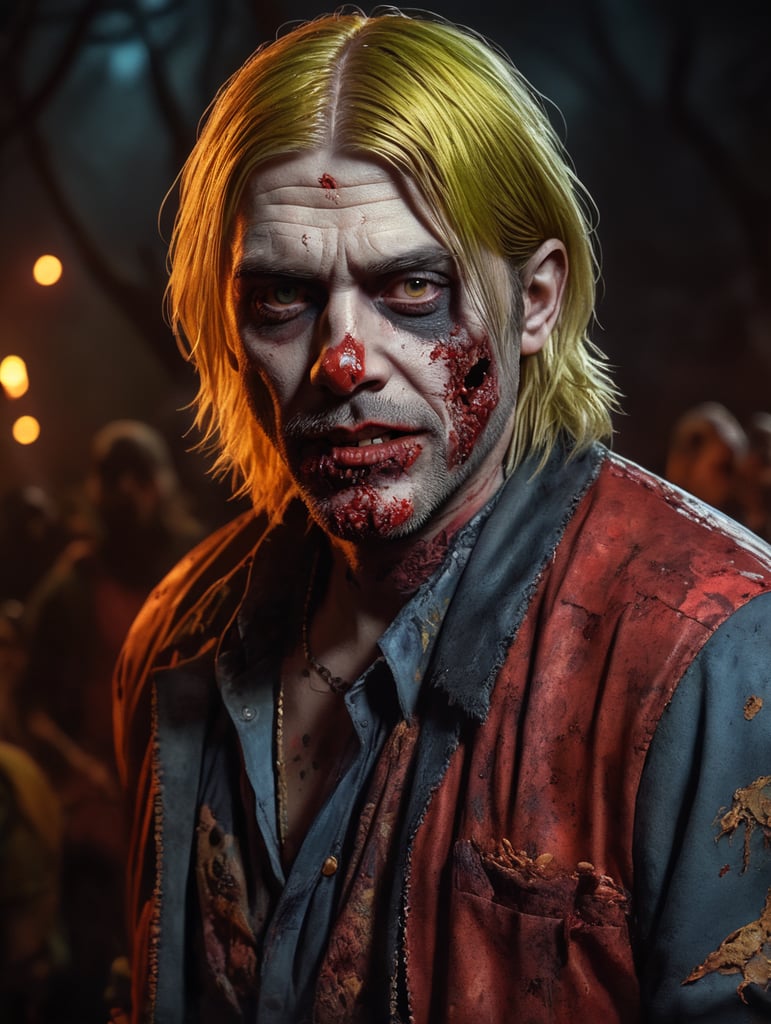 Kurt Cobain as a zombie, wearing creepy and spooky Halloween costumes, Vivid saturated colors, Contrast color