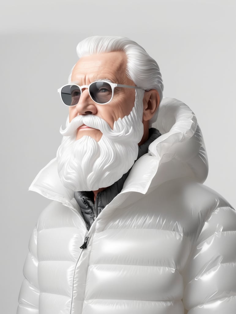 Inflatable white minimalist old man with beard puffer jacket, transparent, isolated, grey background, mockup