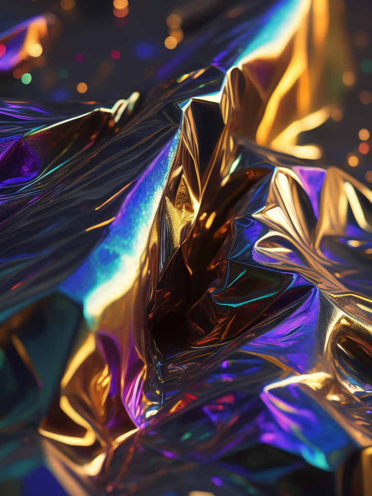 Texture of crumpled holographic foil, pattern, background, top view, metallized effect, metallic, multi-colored reflections, holographic effect