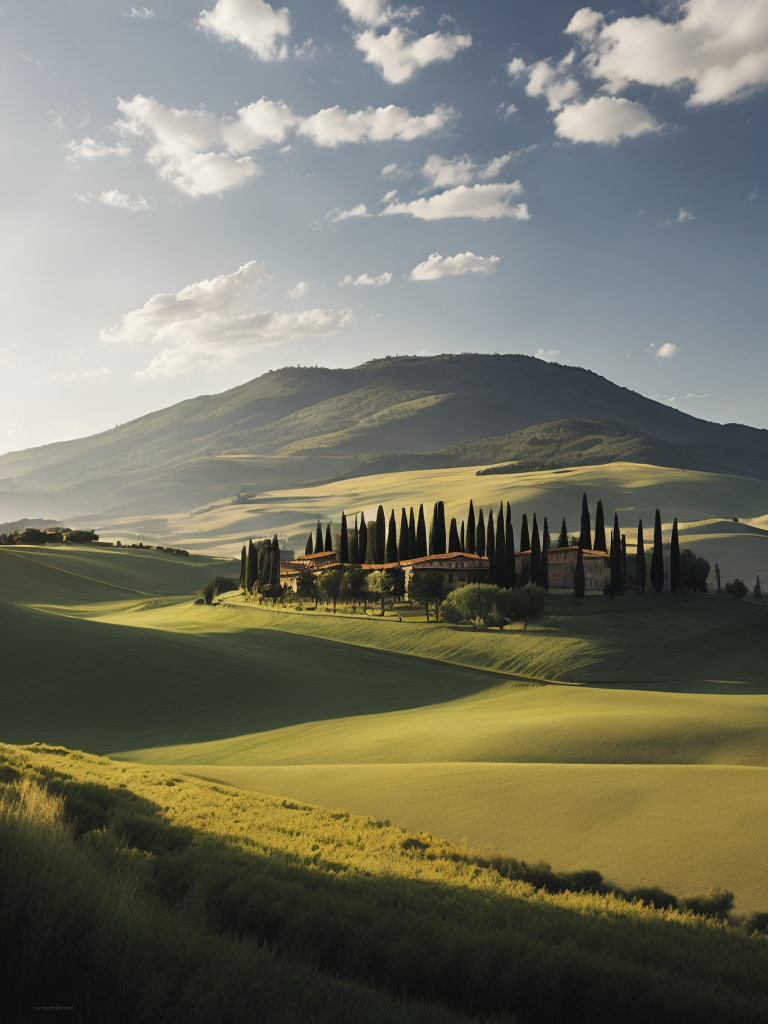 Italian landscape tuscany, photorealistic, serene, peaceful, majestic, high detail, landscape, ultra hd, matte painting, highly detailed, concept art, contrast light, deep colors