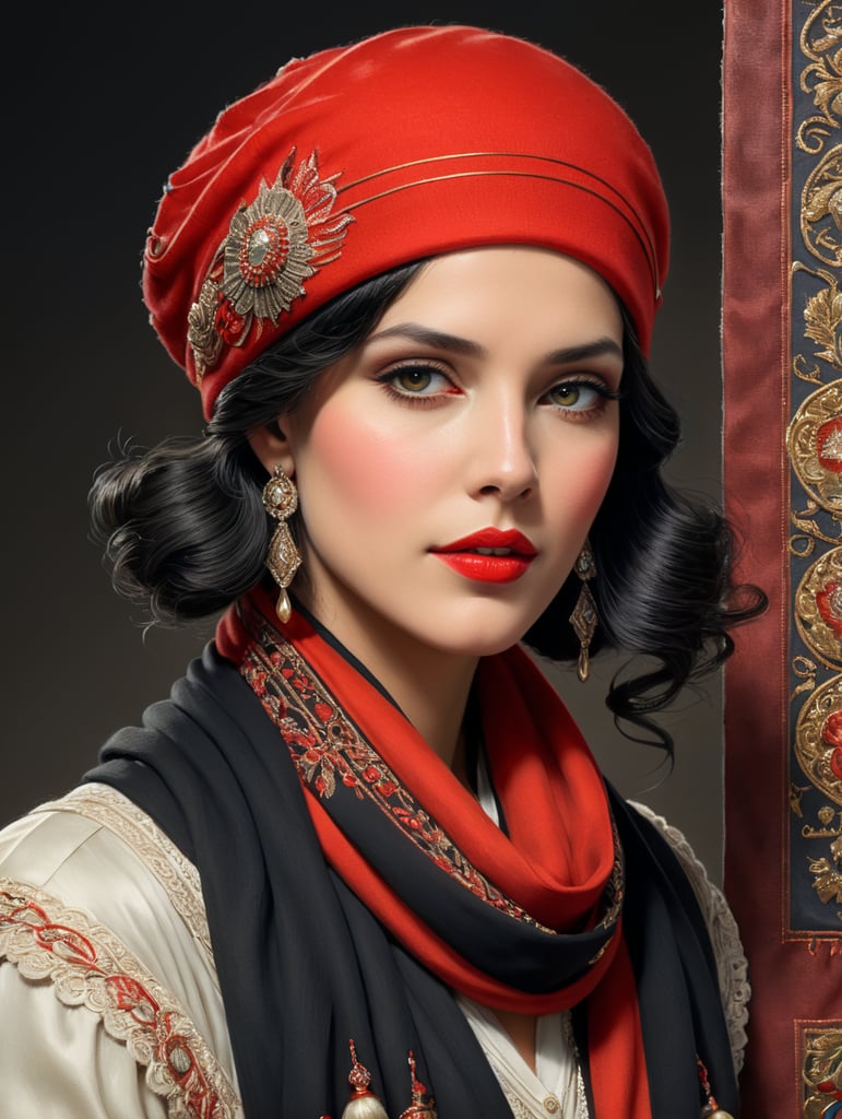 ulher arafed em um Chapéu vermelho e lenço em uma Capa de revisão piCtóriCa, Cor vistosa dos anos 1920, 1 9 2 0 s anúnCio, 1 9 2 0 s Cabelo de pano, J C LeyendeCker 8 K, j. C. LeyendeCker 8 K, j. C. LeyendeCker. Cabelos pretos