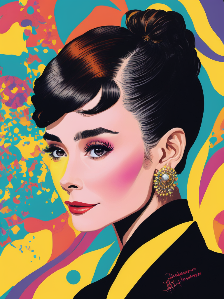 Portrait of Audrey Hepburn, Album art, gorgeous stunning vibrant digital art by Yoh Nagao and Ken Price, no written text. octane render, gloss. inspired by mellon collie and infinate sadness digital collage artist john craig