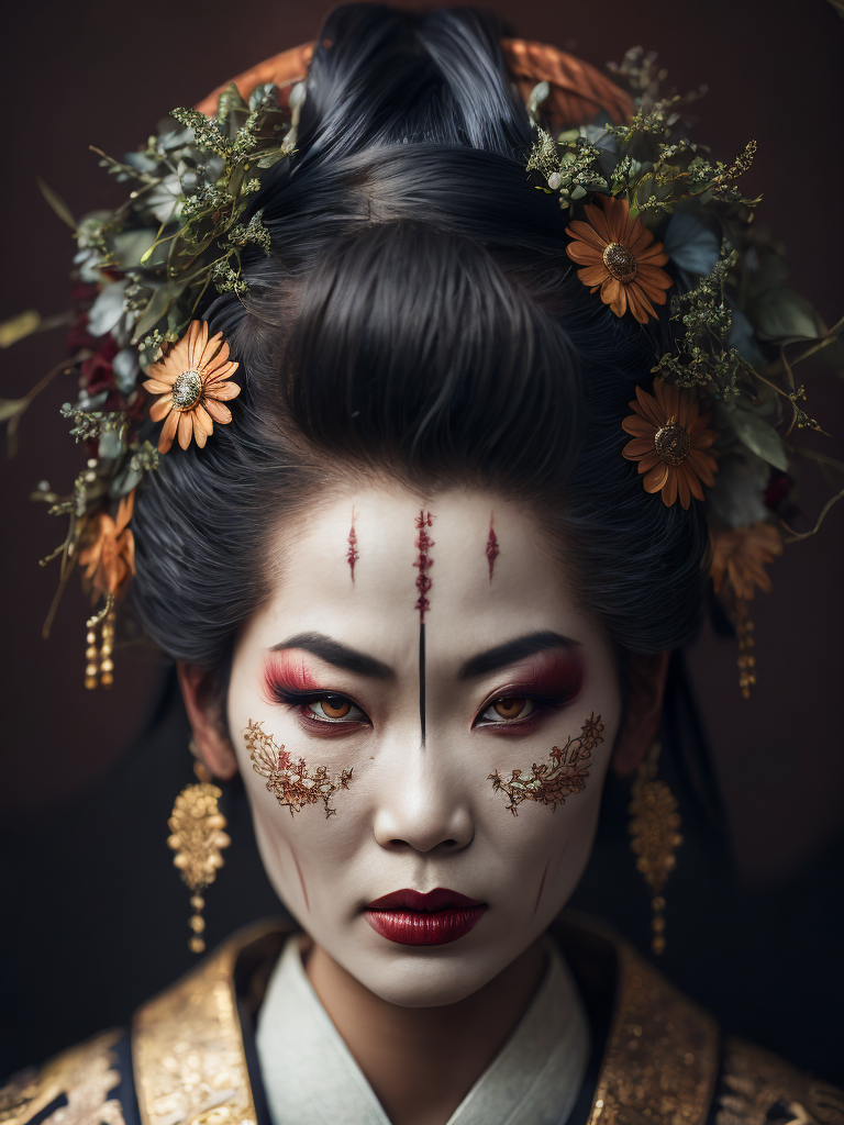 Portrait art of undead geisha, detailed, intricate, full of colour, cinematic lighting, focused, extreme details, cinematic, masterpiece