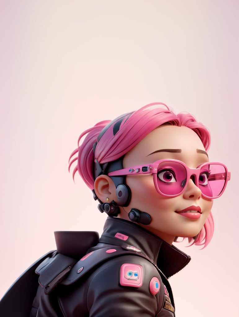 cyborg android, dressed in pink glasses and a leather jacket
