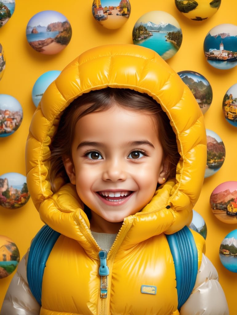 photo happy little girl going to travel, cute girl, dressed yellow inflatable puffer jacket, yellow background, harpers bizarre, cover, headshot, hyper realistic, vibrant colors