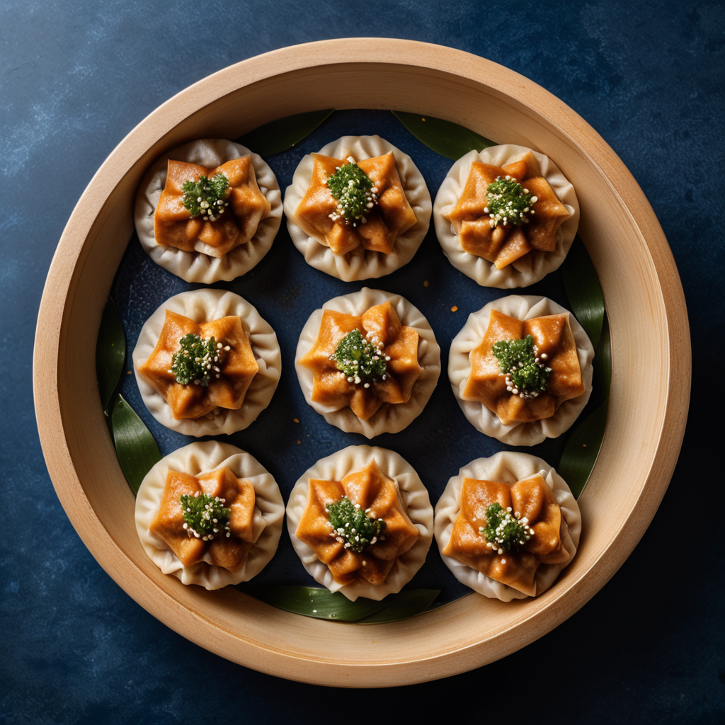 three, chicken Shumai dumpling, dark blue surface, top view