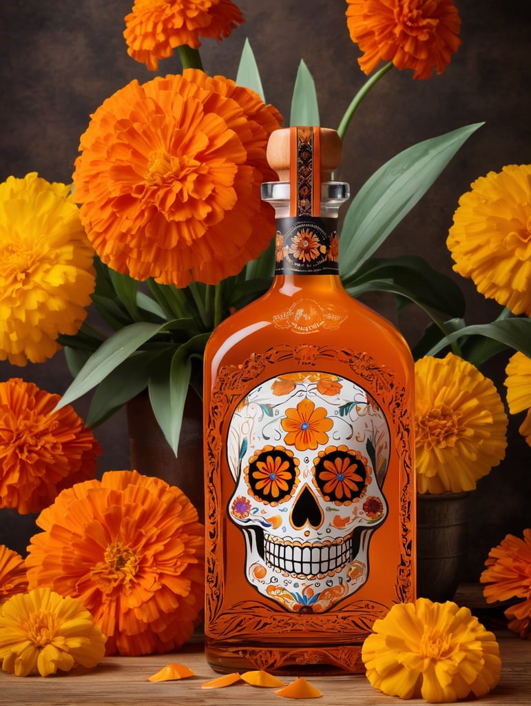 botella de tequila Soledad color naranja edición Día de muertos. Con colores y cempasúchil.