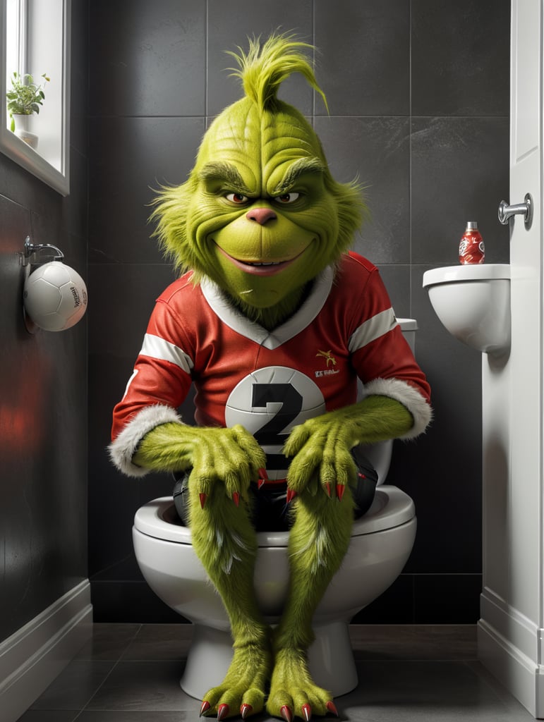 Profile side of The Grinch wearing a football jersey, he has an evil grin and he is sitting on a toilet bowl in the shape of a football helmet, 1980s Cartoon style