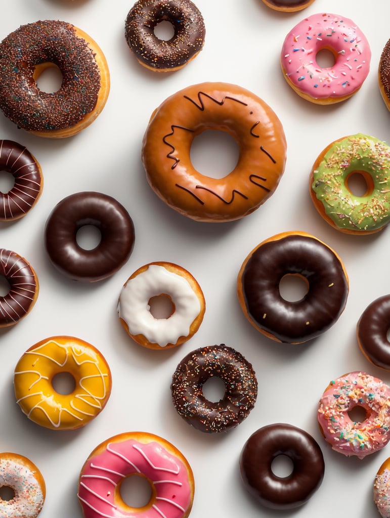 donut on a white background, top view, ultra sharp product photography