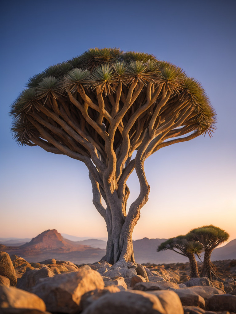 Dragon blood tree, savanna, sunset, Depth of field, Incredibly high detailed, stones, rocks, mountains on the horizon