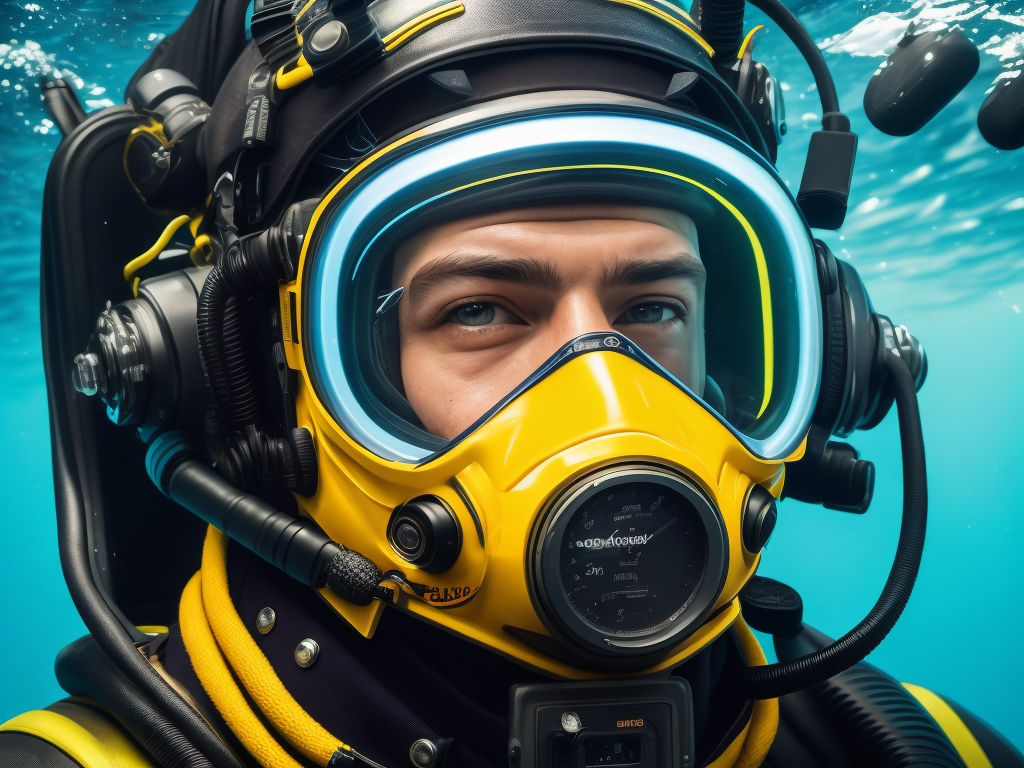 A commercial diver wearing a Kirby Morgan KM 37 dive helmet, underwater, ultra realism, super detailed, neon colors, magazine cover, professional shot, magazine photography, bright saturated colors, sharp focus, highly detailed