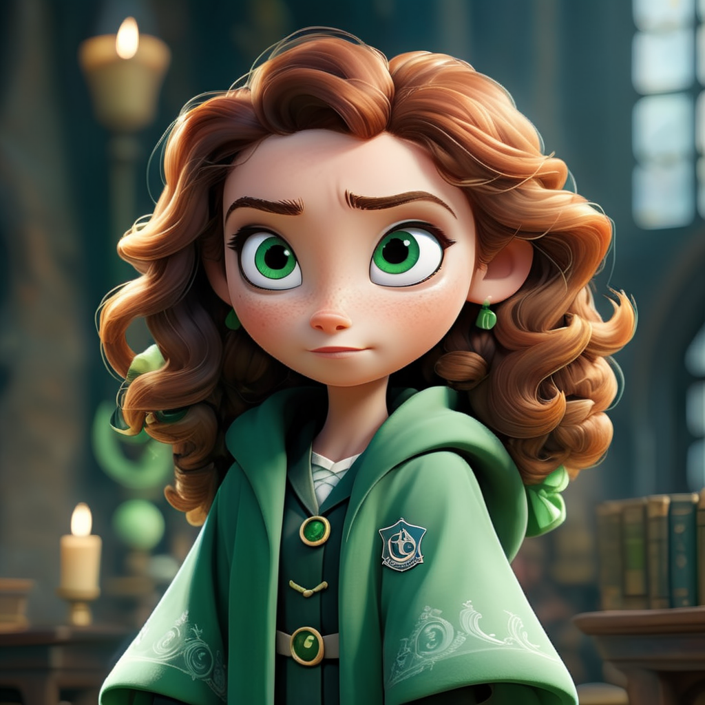 a girl with green eyes, freckles and brown curly hair dressed in slytherin hogwarts robes