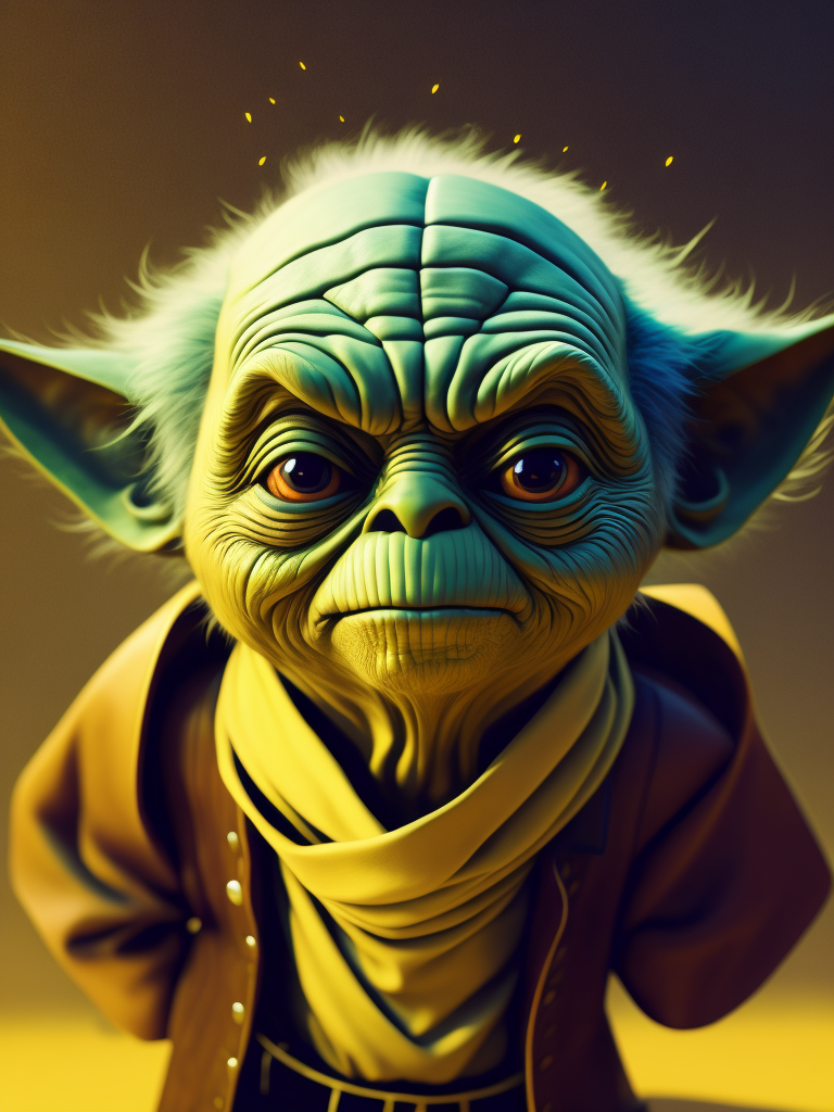 image of a Yoda in black metal corpse paint made of bright colored plastic material, like a toy, bright yellow background, brightly lit, bright and saturated colors, fun, highly detailed, fashion magazine, sharp focus, bright expressive makeup depth of field, incredibly high detailed