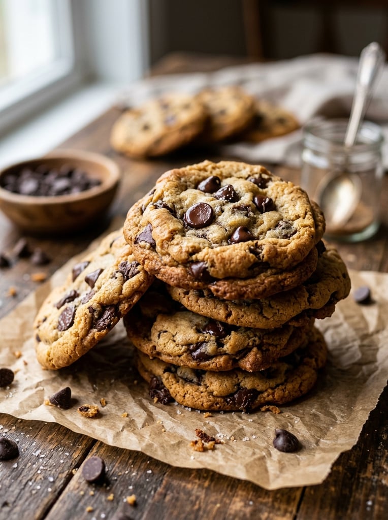 Create a warm, appetizing close-up food photograph of a stack of freshly baked chocolate chip cookies on a rustic wooden table. In the foreground, show several large cookies piled casually on crumpled parchment paper, with one cookie leaning against the stack and others partially overlapping. The cookies should look thick, golden-brown, and homemade, with slightly crisp edges, soft centers, visible crumb texture, and plenty of glossy dark chocolate chips scattered across the surface. Add a few extra chocolate chips and small cookie crumbs around the stack on the parchment and wooden table to enhance the natural bakery feel. In the background, place a few more cookies softly out of focus to create depth and a cozy composition. Use a rich rustic setting: dark warm-toned wooden boards, soft natural light, and a shallow depth of field. The lighting should be gentle and warm, highlighting the cookie texture and the glossy melted chocolate chips. The color palette should be comforting and realistic: golden beige, caramel brown, dark chocolate brown, and warm wood tones. Style: high-end food photography, homemade bakery aesthetic, cozy rustic mood, realistic textures, shallow depth of field, soft background blur, no text, no packaging, no people.