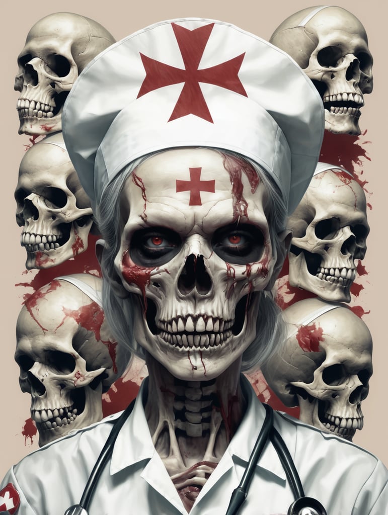 Zombie, nurse, skull background, drawin?