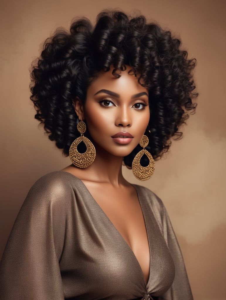A photo of a beautiful black woman with black curly hair, big earrings, dreamy, nostalgic, fashion editorial, studio photography, magazine photography, earth tones