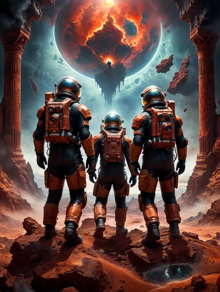 two astronauts on bloody mars with sea, holding earth in one heand, with pillars of creation, dark, fog, moody, cinematic. there is a bright light, neon. explosion of colours behind