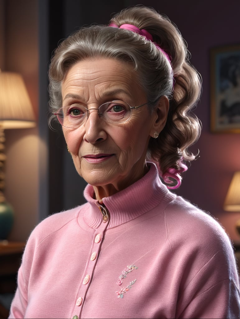 70 years old Geraldine James in a pink sweater, curly brown hair tied in a ponytail.