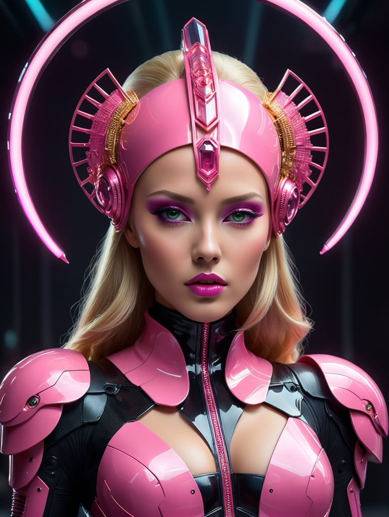 A beautiful blonde female pop artist all pink sleek futuristic outfit, with huge headpiece center piece, clean makeup, with depth of field, fantastical edgy and regal themed outfit, captured in vivid colors, embodying the essence of fantasy, minimalist