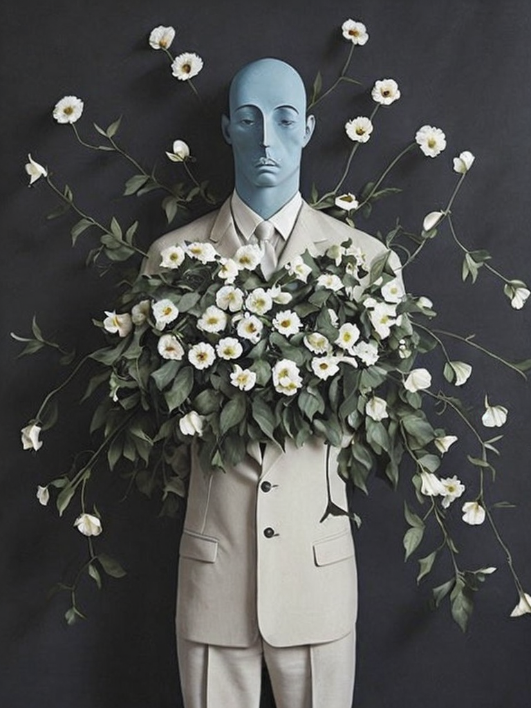 Man with body covered by flowers, painted by rené magritte