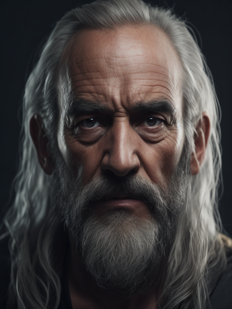 an angry old man, ash long hair, beard, long shot