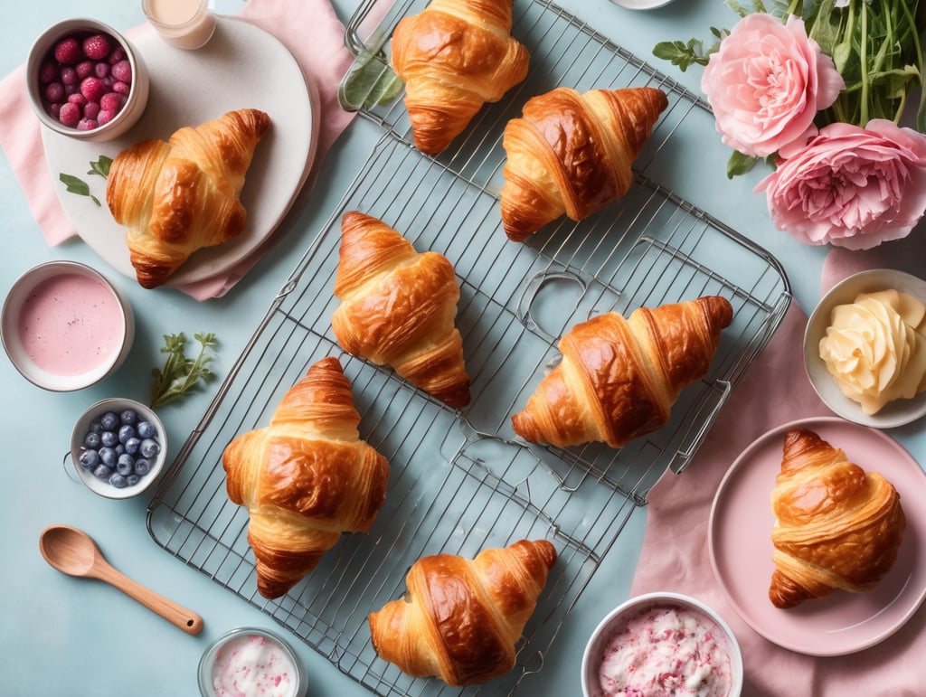 Cookbook photo, top - view, wire cooling rack, croissants, with a floral, allow, banner, pink and pastel blue, farmcore