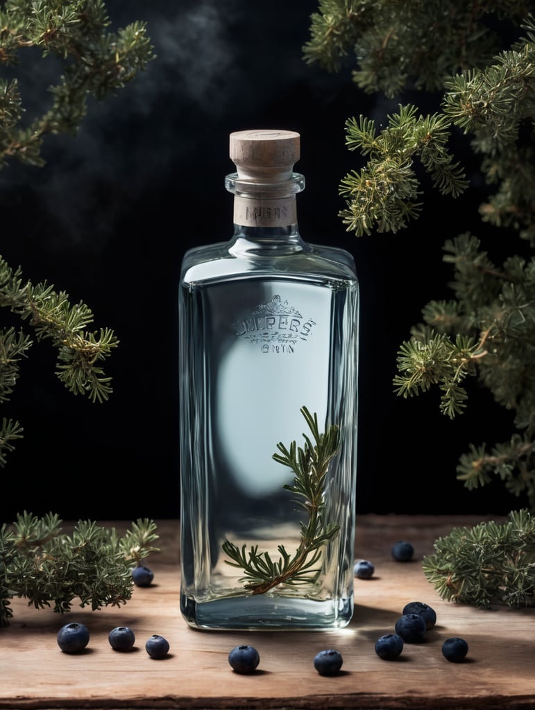 professional photography of a square gin bottle, square bottle, surrounding a juniper and juniper berries, one shot of gin in a front, no label, clear, mockup