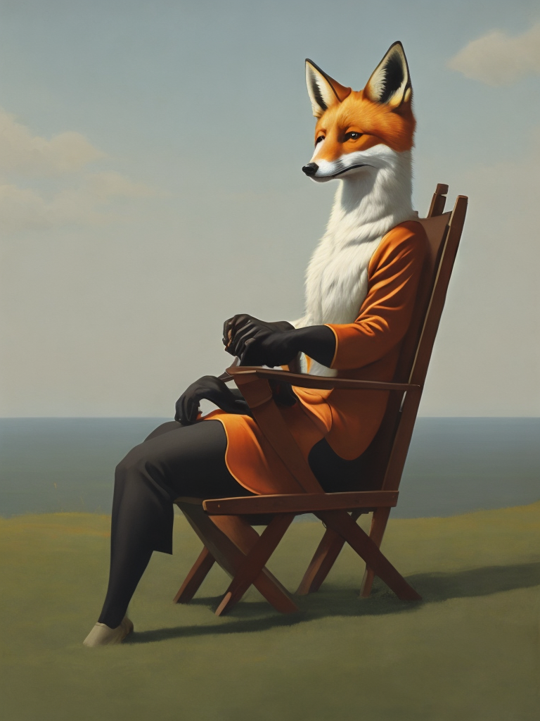 a human fox sitting on a chair looking to the horizon, illustration, painting, china, style of Liu Ye